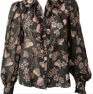 Ulla Johnson Black and Blush Floral Silk-Blend Blouse
